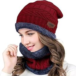FABUNIK Woolen Winter Cap for Women with Neck Muffler Warn Soft for Snow | Knit Beanie Cap Hat Neck Warmer Scarf Set for Women (2 Piece Set) (Maroon)-picture-22