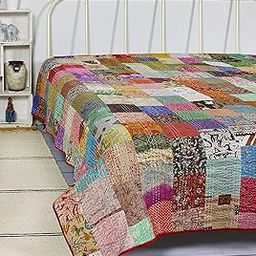 Handicraft-Palace Double Kantha Quilted Quilt Blanket Silk Patchwork Bedspread Gudri (Red_110" X90 Inch)-image-42