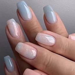 The Pink Truck Artificial Reusable Nails in Natural Pink With Blue Tint Design (Set of 24)-99
