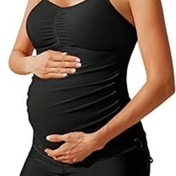Maternity Athletic Tankini Swimsuits Two Piece Floral Print Ruched Tops with Shorts, Black Solid, Medium-image-97