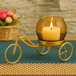 CentraLit Cycle Shape Gold TeaLight Candle Holder for Diwali Home Decor Center Table Bedroom Living Room Office Decorative Gift Items Flower Pot Stand with Amber Glass Cup,Return Gift-image-57