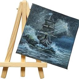 BHAGATH ART STUDIO Mini Canvas Ship Painting with Wooden Easel Stand, 10 cm × 10 cm, Stormy Sea Art, Home Decor, Fine Art-image-75