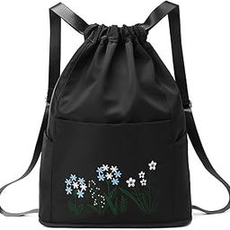 Waterproof Drawstring Gym Backpack Embroidery Lightweight Oxford Shoulders Bag Travel Bag for Women (Black)-27