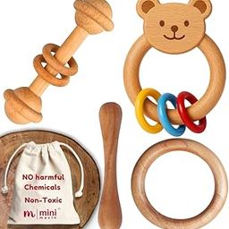 MINIMAVIN "Natural and Chemical-Free Neem Wood Teethers | bpa free wooden teether for 6 to 12 months baby | Anti-Bacterial and Anti-Fungal | Silicone-Free, Safe Teething Toy | Antibacterial | 0-12 Months | Wooden Teether (2Rattle+Ring+Dumbell)-6