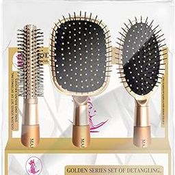Majestique Paddle Detangling, Oval, and Round Hair Brush Set with Soft Nylon Bristles for Blow Drying and Straightened Look for All Hair Types in Men and Women - 3Pcs/Gold-8