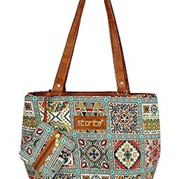 Women's Tote Bag With Leather Handles & Embroidery Printed Handbag With Zip Pockets, Shoulder Tote Bag And Handbag For Office And College (27x9.5x25cm) Turquoise-image-40