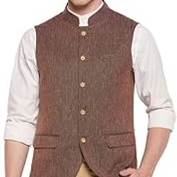 Men's Self Design Rust Mandarin Collar Waist Coat-image-101