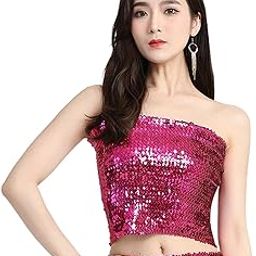 CALANDIS™ Stretch Belly Dance Sequin Tube Top Off Shoulder Costume for Festival Rose Red | Tops & Blouses | Womens Clothing-image-1