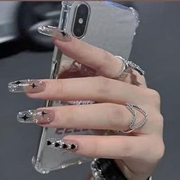 Secret Lives® Long Acrylic Press on Nails Designer Reusable Artifical Transparent Black Heart & Stud Designs with Brown Color Bottom Fake Nails 24 PCS Set with Kit-49