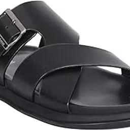 bellissimo Men's Black Cross-Strap Leather Slides with Buckle Detail-picture-0