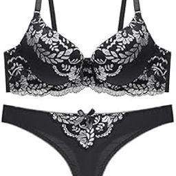 Black Sliver Leaves Women's Padded Wired Bra & Panty Set – Comfortable Support Lingerie Set-image-54