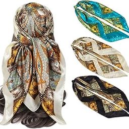 3Pcs Silk Scarf for Women Stylish, Satin Neck Head Scarf for Women, 35 In Square Summer Comfy Beach Hair Scarf, Fashion Print Silk Scarves for Woman Ladies Gift-16