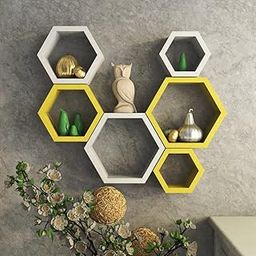 AMAZE SHOPPEE Decorative Hexagon Shape Wall Shelf with 6 Shelves (Yellow & White)-image-2