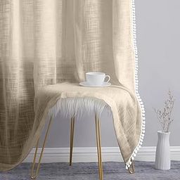 THE LINEN COMPANY Cotton Sheer Grommet Curtains with Side Border Pompom Sheer Curtain for Door Linen Textured, Light Filtering, Pack of 2 (Natural, 7 Feet)-0
