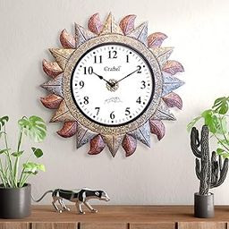 Craftel Home Decor Wall Clock | Analog Round Sun Shape Design Wall Clocks with Glass | Antique Brass and Copper Metal Finish Diwar Ghadi | Decorative Hanging Clock for Living Room and Office, 45x45 cm-image-21