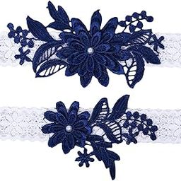 2PCS Womens Garter Set Elastic Flower Pearl Leg Ring Lace Garter for Wedding(Navy)-image-20