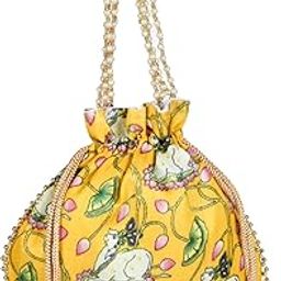 Potli|Silk Wedding Potli|Wallet Potli|Christmas Gift Potli|Baby Shower Potli|Traditional Shagun Potli|Drawstring with Beads Handle Potli|Cow-Design Patli Potli|Yellow-45