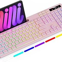 Soueto Wireless Keyboard with 7-Color RGB Backlit, Full-Size Computer Keyboard with Phone Tablet Holder, 2.4G Rechargeable Gaming Keyboard with Light Up Keys, Compatible with Mac, Windows (Pink)-image-70