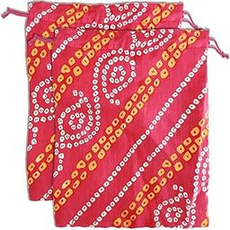 Multiuses Bandhej Print Potli Bag for Women with Drawstring Set of 2 (Pink)-1
