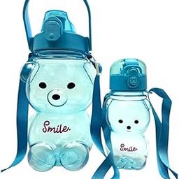 Virtuous Set of 2 Bear Water Bottle with Straw and Strap, Cute Water Bottles for Kids, Portable Leakproof BPA-free Drinking Cups for Girls Women Sports Camping Picnic Hiking Travel-image-1