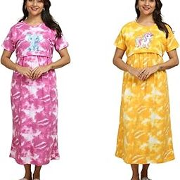 Tie-Dye Cotton Maternity Nursing Dress with Cartoon Print, Short Sleeve, Pink and Yellow-image-96