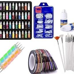 MKSL Nail Art Kit - 48 Glass Bottles Glitter Stones, 100 Nails, 10 Tapes, 15 Brushes, 5 Dotting Pens, 2 Glue - Attractive Creative Multi Color-image-29