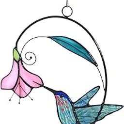 Lolitarcrafts Stained Glass Hummingbird Window Hangings with Flowers, Bird Stained Glass Suncatcher for Window Decor Hummingbird Gifts for Mom,Bird Lovers (Blue with Flower A)-image-7