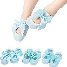 3 Pair Baby Toddler Non Skid Socks for Girls, Floor Anti Slip Cotton Lace Flower Bow Tie Boat Ankle Socks (BS2215A-BL, Pack of 3)-image-98