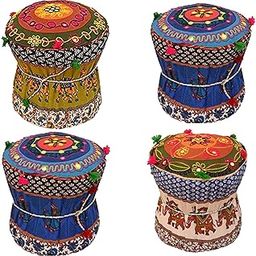 Rajasthaniartdecor Set of Four Footstool Bamboo Cover Multi Colour Mudda Ottoman Pouffe Cover Size 17x18 Inches Set of 4 Pieces (Cover Only)-18