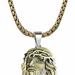 Solid Brass Jesus Cross Face Pendant Necklace With 22 Inch Box Stainless Steel Chain - Faith Jewelry for Men & Women-image-82