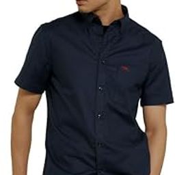 Men Navy Oxford Half Sleeve Patch Pocket Slim Shirt (Navy)-image-3