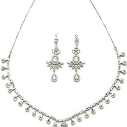 Impressive Stylish American Diamond Studded with Rhodium Silver Tone Plated Choker Necklace & Drop Earrings Jewellery Set for Women & Girs|NS107411-image-8