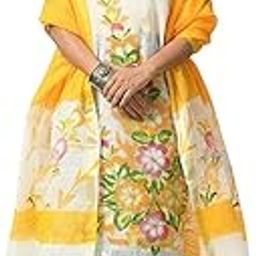 Kota Doria Cotton Blend Dress Material Hand Brush Painting Design With Follower Pattern 3 Peice Suite (Top, Dupatta & Bottom) 2.5 Meters [White/yellw colour]-image-35