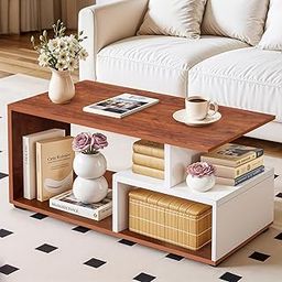 ABOUT SPACE Coffee Table - Portable Wooden Centre Table with Open Rack, Partition & Compartment - DIY Furniture - Sofa Tea Poyee for Living Room, Home, Office (White & Oak Red-L 90 x B 40 x H 45 cm)-image-89