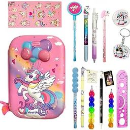 3D Big Pencil Pouch with 14pcs Unicorn Theme School Stationery for Girls Designer Fancy Compass Box for Kids Birthday Return Git, Party Favors Rakhi Gifts for Sisters Complete Stationeries (Unicorn 1)-image-99