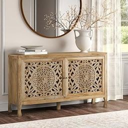 indian crafty Hand-Carved Wood Sideboard Cabinet – 2-Door Storage Unit with 2 Interior Shelves | Rustic Accent Buffet for Living Room, Dining Room or Entryway (40D x 128W x 75H cm)-image-23