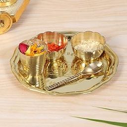 Two Moustaches 5 Inch Brass Pooja Thali Set - Golden, Gifts for Puja Ceremony - Set of 5 Pieces, Round-image-12