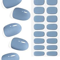 Hidak 16 Tips Semi Cured Gel Nail Wraps - Solid Polish Stickers Full Kit, Strips for Women Girls (01 Blue Flower)-image-93