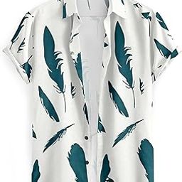 Men's Short Sleeve Cotton Blend Stratchable, Feather Print Pattern, White and Teal Regular Fit Casual Shirt for Men-image-32