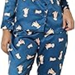 Women's Silk Satin Teal Blue Color Dog Print Night Suit.-image-9