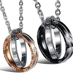 His Her Titanium Steel Love Engraved Rings Couple Pendant Necklace Matching Set for Unisex Adult-image-51