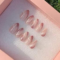 AMOK STORE Fake Nails – Handmade Almond Shape with rose gold detailing Pack of 12-Piece l Artificial Nails for Girls | Pre-Designed Reusable Press-On Nail Tips | Decorative Colored Nails (Natural)-22