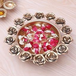 Two Moustaches Rose Flower Design 9 Inches Metal Decor Urli Bowl, Diwali Decoration Bowl, Housewarming Gifts, Bowl for Floating Flowers, Tea Light Candle Holders, Home Decor Items, Golden, Pack of 1-image-20