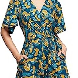 Women's V Neck Half Sleeve Conversational Printed Wrap Knee Long Playsuit-5