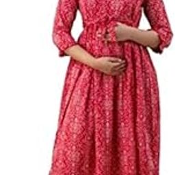henal Women's Cotton Maternity Dress Pregnancy Casual 3/4 Sleeve Dual Zipped for Feeding Nursing Maternity Comfort Dress Kurta-Red-picture-46