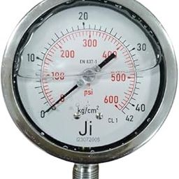 "Ji" Japsin Instrumentation Glycerin Filled Pressure Gauge, 4" Dial (100 mm), SS 304 Case Bayonet Type & SS Internals, Range 0 to 42 Kg/Cm2 With Dual Scale of 600 PSI, Direct Mounting Bottom Entry-14