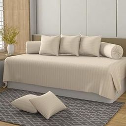 Jyotaksh Store 230 TC Satin Stripe Diwan Set for Living Room, Guest Room Glace Cotton, Set of 8 Pieces (Size (60x90) Inch 1 Single Bedsheet, 5 Cushion Covers, 2 Bolster Covers)(DH) Beige-image-49