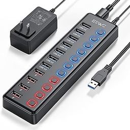 Powered USB Hub, JESWO 11-Port USB 3.0 Hub (7 Data Transfer Ports + 4 Smart Charging Ports) with Individual LED On/Off Switches, USB Hub Powered with 12V/3A Power Adapter for Mac, PC-image-88