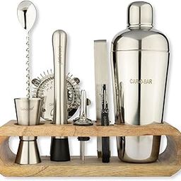 Steel Bar kit with Stand | Bar Set for Home - 10 Piece Bartender Kit :Cocktail Shaker, Bar Spoon, Jigger, Muddler, Strainer, Wine & Beer Bottle Opener, 2 Pour Spouts, Tong, Wooden Stand-72