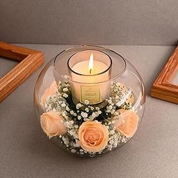 FlowerAura Romantic Fresh Live 6 Peach Roses Flowers Bouquet With Scented Candle In Glass Fish Bowl For Valentine's Day Gift, Birthday Gift, Anniversary Gift & Mother's Day Gift (Same Day Delivery)-image-83
